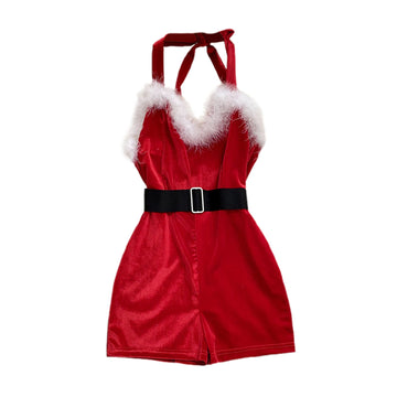 MQTIME  -  Women's Christmas Cosplay Costume Slim Lingerie Rompers Oneseies Feather Trim Backless Jumpsuits Playsuits with Belt